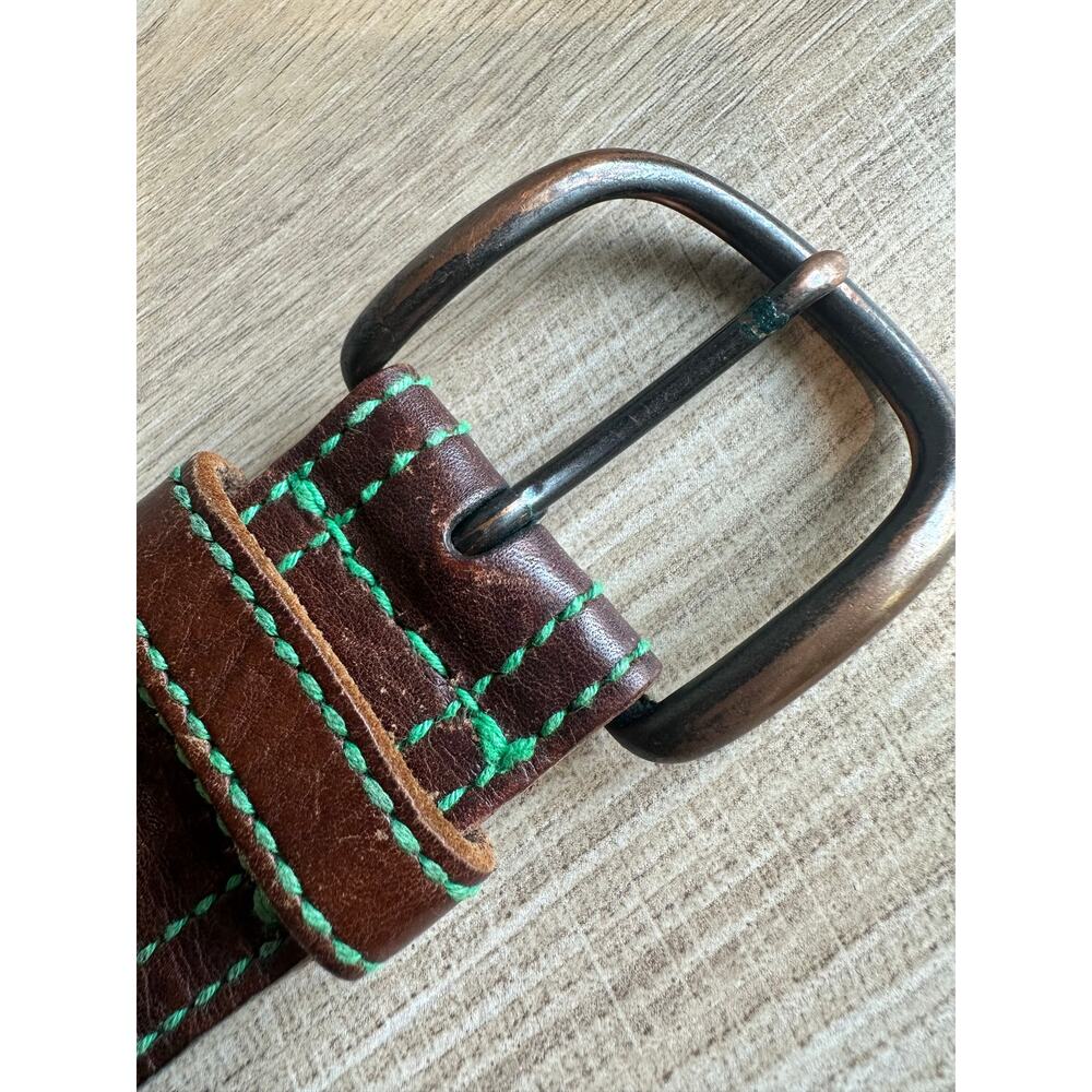 American Eagle Vintage Leather and Green Contrast Stitch Belt Brown S - Picture 9 of 11